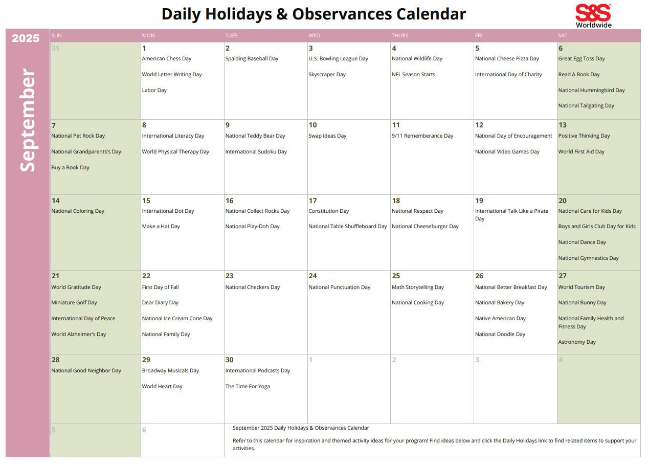 september daily holidays calendar